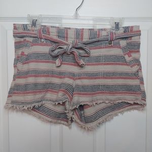 Jolt Red Tan Striped Linen Shorts Belted Fringe Cut Off Bohemian Size 5 W27